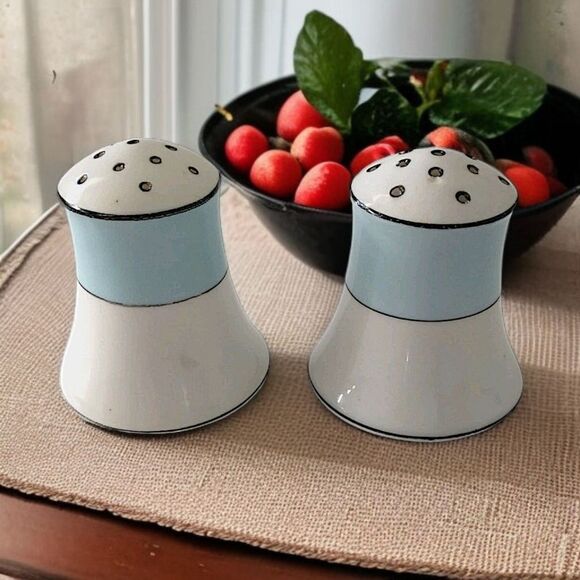 Antique Noritake Morimura Salt Pepper Shakers Blue White Stripe Handpainted - Picture 1 of 16